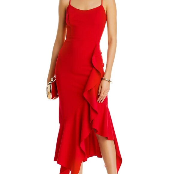 AQUA - Scuba Crepe Side Ruffle Dress - Red - SIZE 2 - Picture 1 of 3